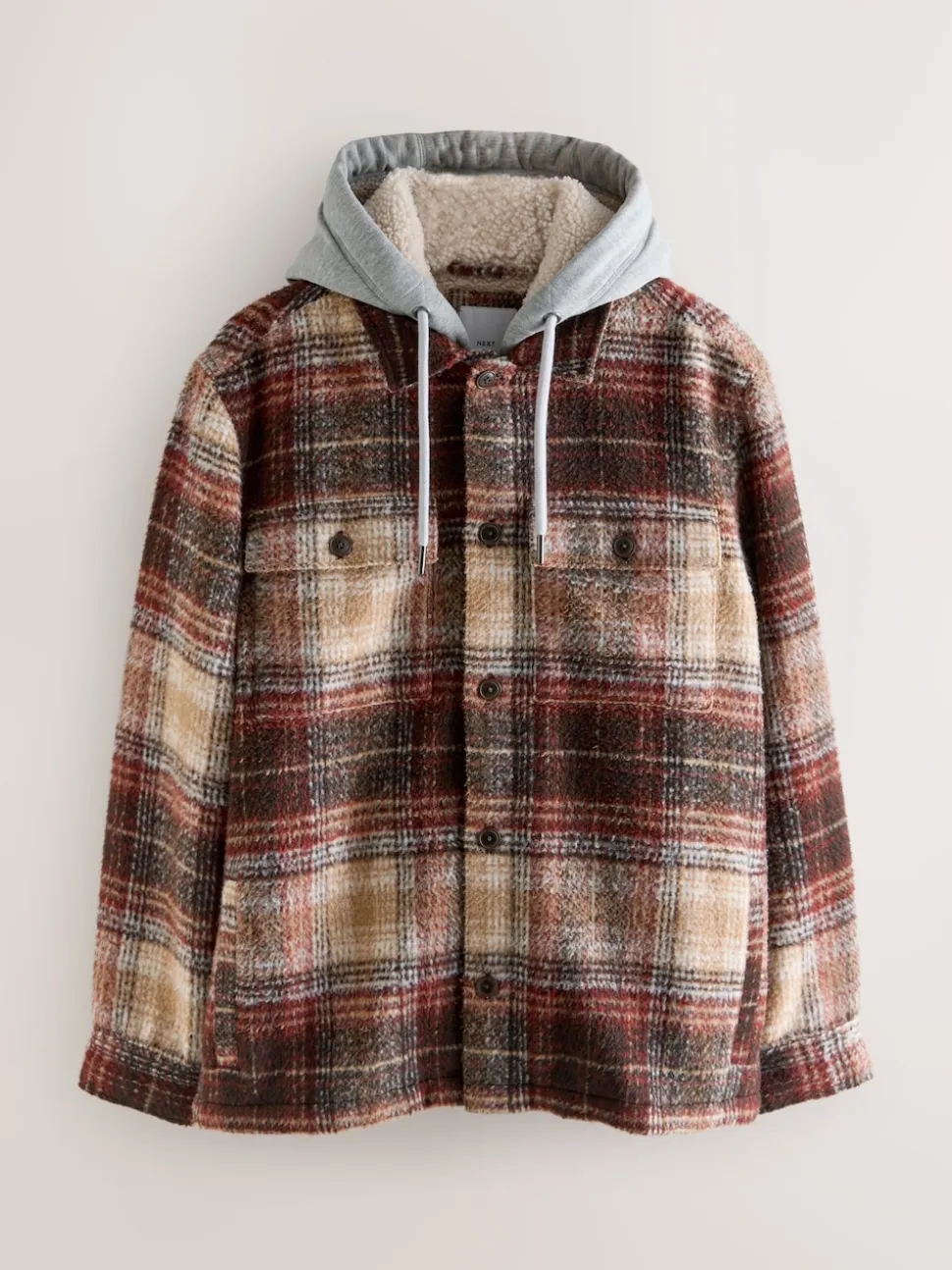 Rust Brown Borg Lined Hooded Check Shacket