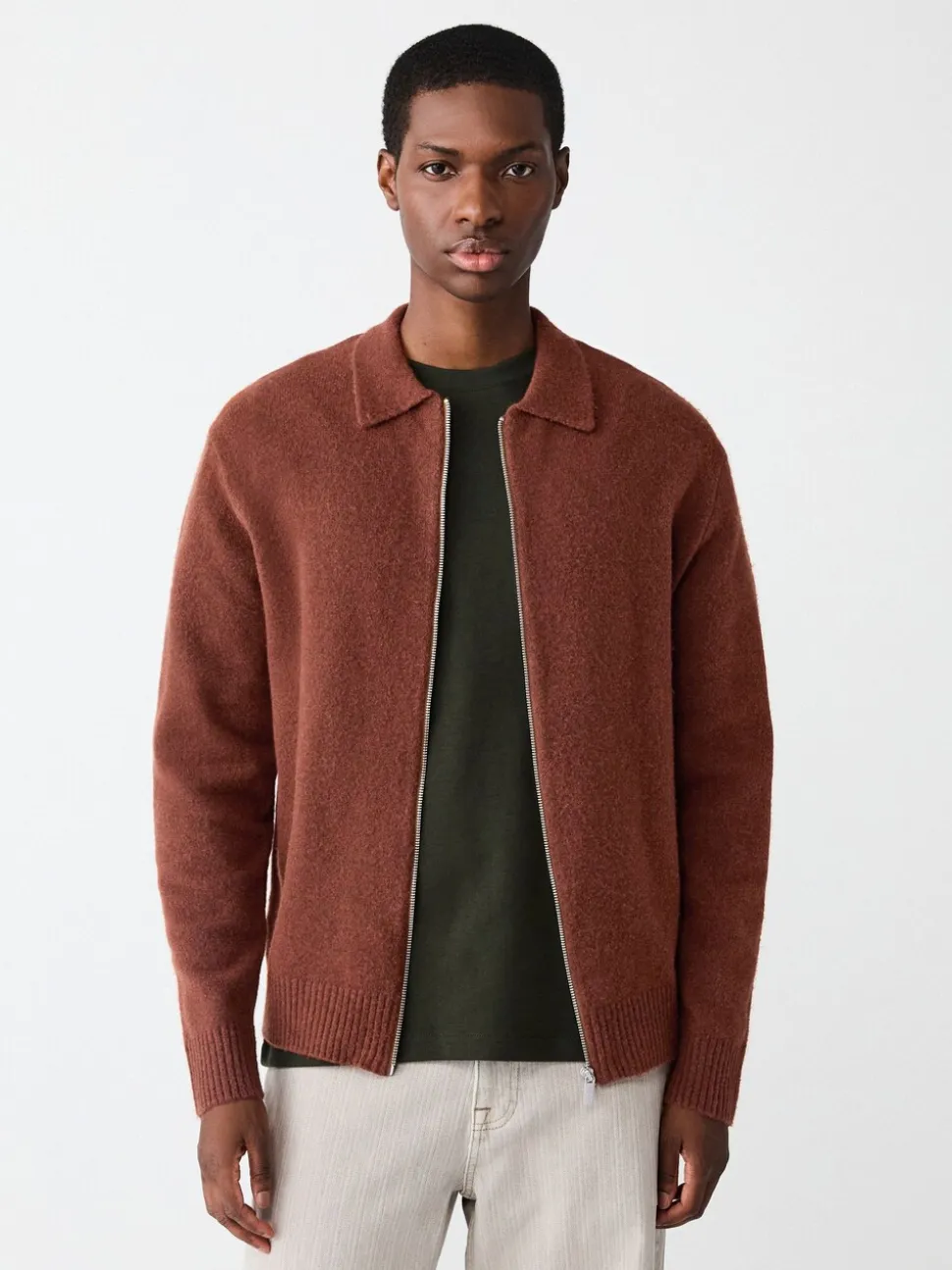 Rust Brown Plain Relaxed Fit Cosy Zip Through Collared Cardigan with Wool