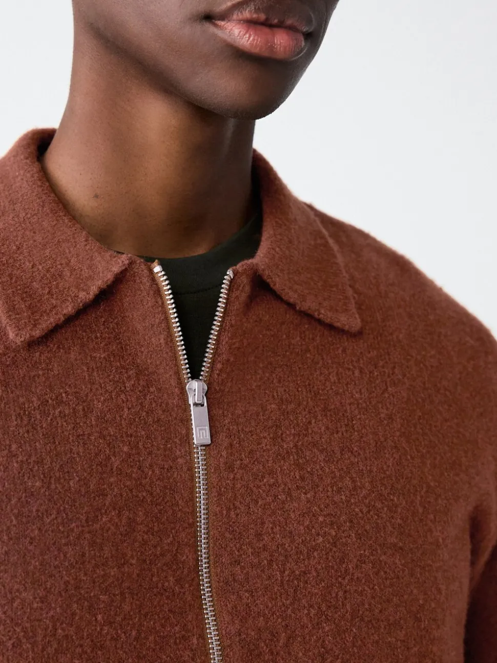 Rust Brown Plain Relaxed Fit Cosy Zip Through Collared Cardigan with Wool