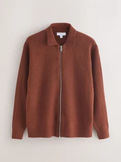 Rust Brown Plain Relaxed Fit Cosy Zip Through Collared Cardigan with Wool