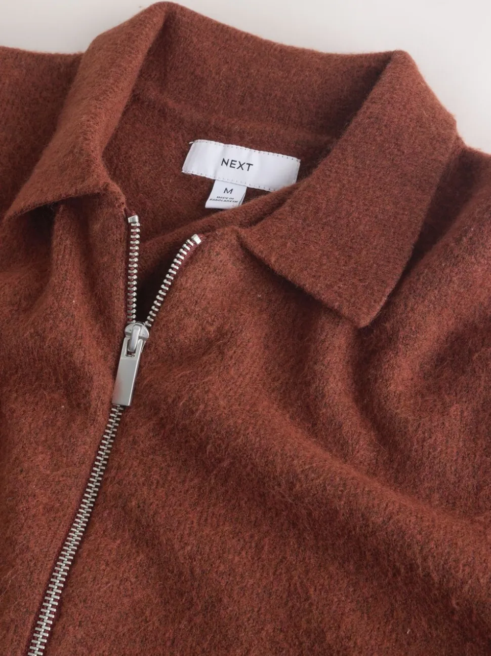 Rust Brown Plain Relaxed Fit Cosy Zip Through Collared Cardigan with Wool