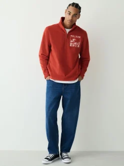 Rust Orange Hokusai Licence Graphic Polar Fleece Zip Through Funnel Fleece