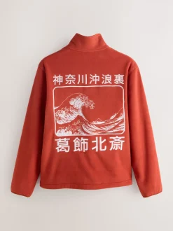 Rust Orange Hokusai Licence Graphic Polar Fleece Zip Through Funnel Fleece
