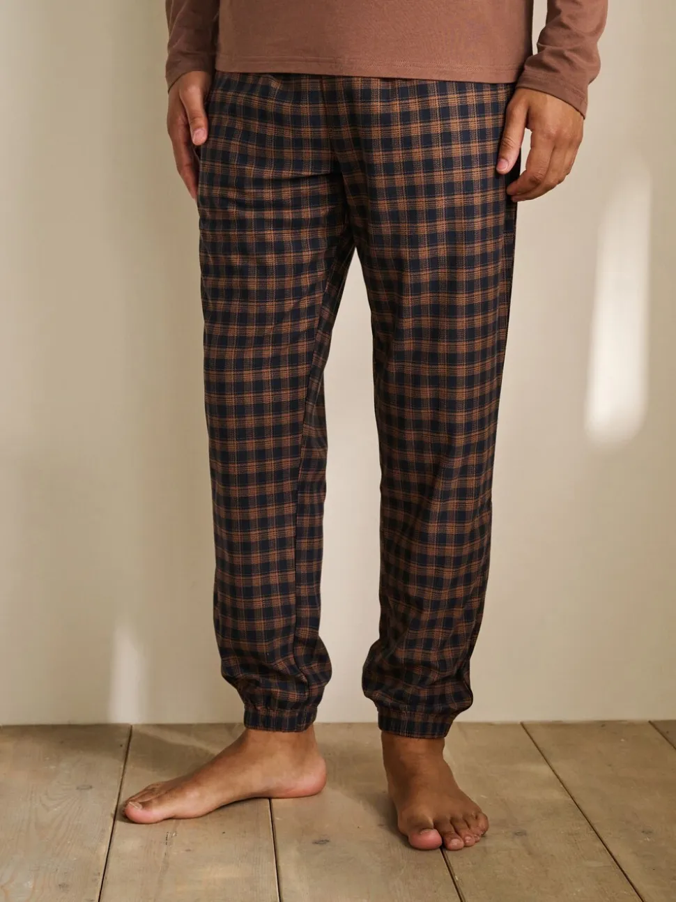 Rust Orange/Navy Blue Check Motionflex Cosy Long Sleeve Cuffed Pyjamas