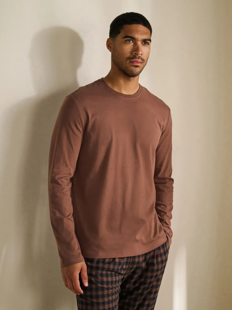 Rust Orange/Navy Blue Check Motionflex Cosy Long Sleeve Cuffed Pyjamas