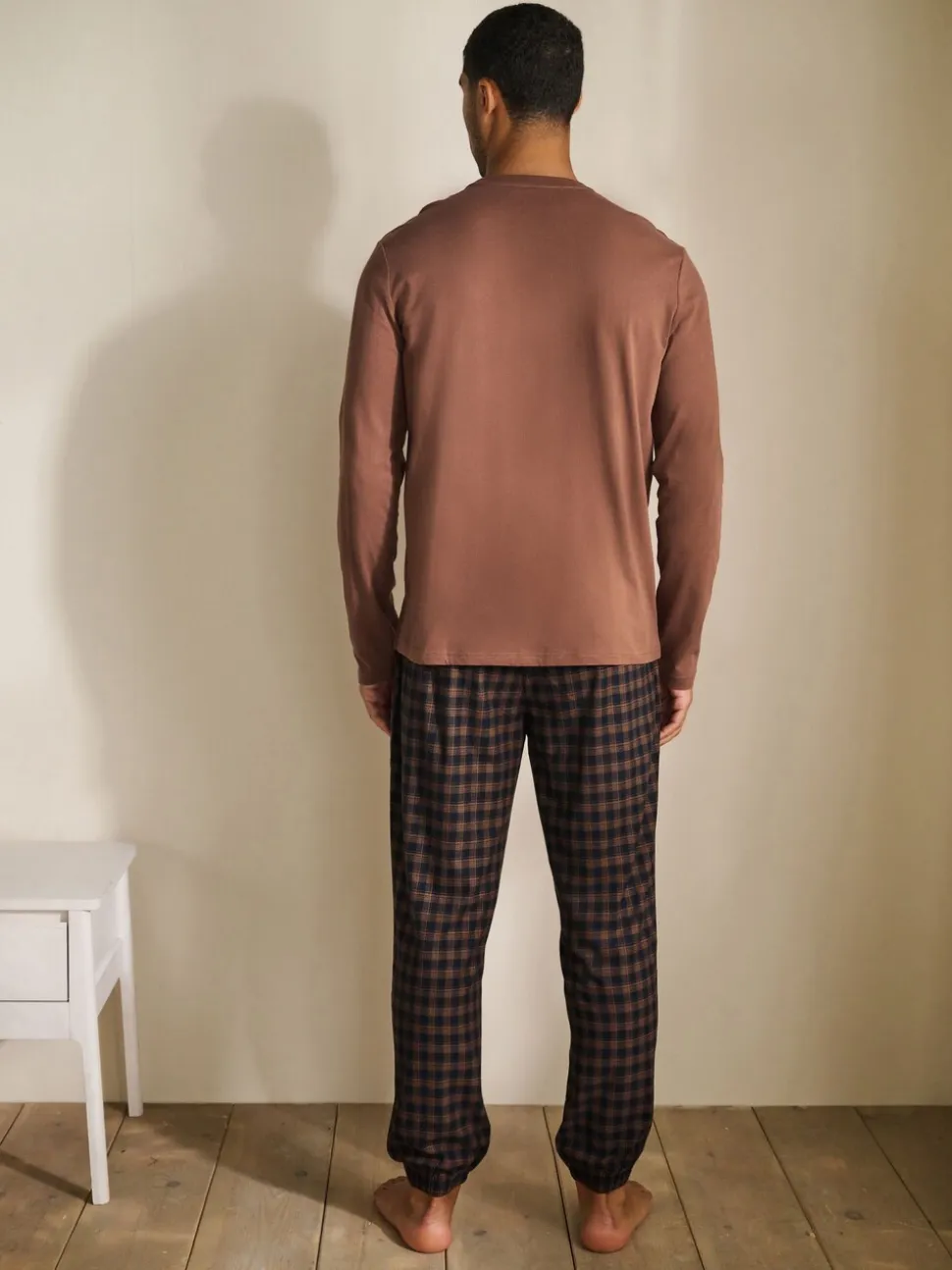 Rust Orange/Navy Blue Check Motionflex Cosy Long Sleeve Cuffed Pyjamas