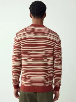 Rust Red Regular Fit Wave Stripe Design Crew Neck Jumper