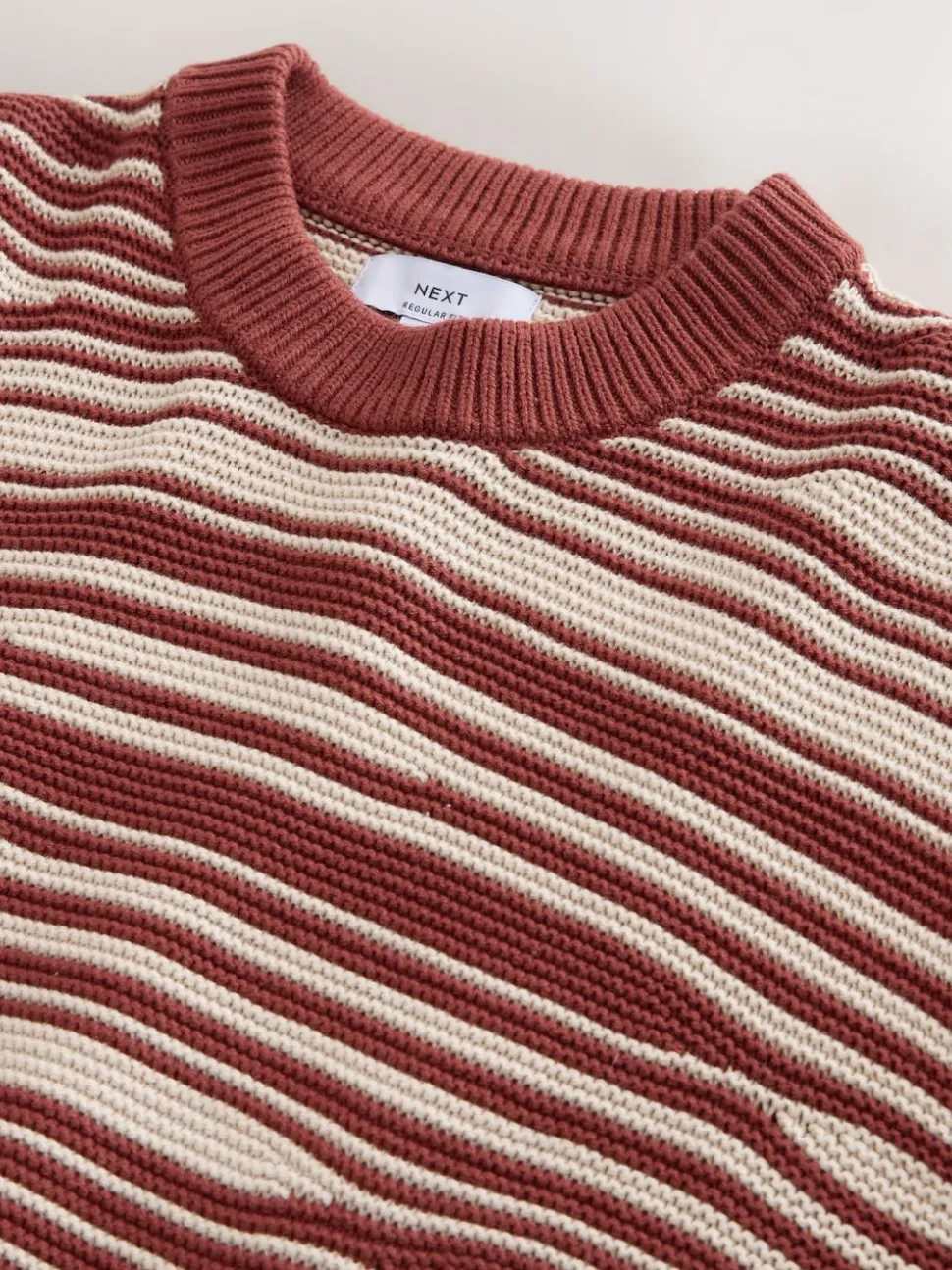 Rust Red Regular Fit Wave Stripe Design Crew Neck Jumper