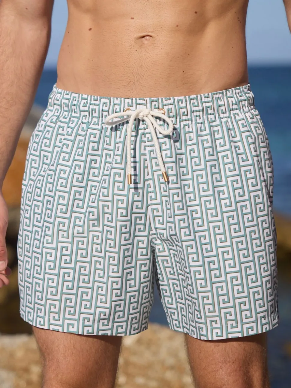 Sage Green Monogram Printed Swim Shorts