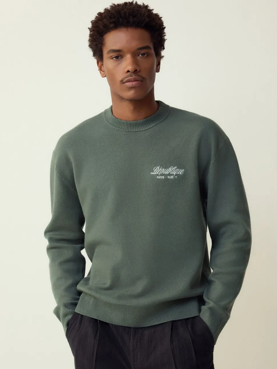 Sage Green N.Premium Relaxed Fit Mid Weight Floral Graphic Crew Neck Jumper