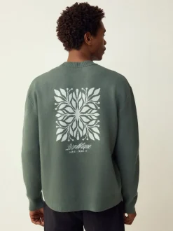 Sage Green N.Premium Relaxed Fit Mid Weight Floral Graphic Crew Neck Jumper