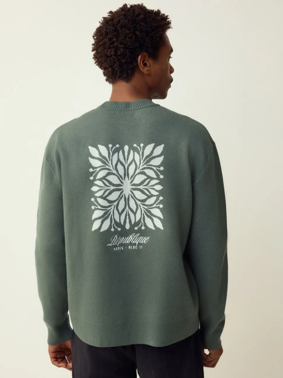 Sage Green N.Premium Relaxed Fit Mid Weight Floral Graphic Crew Neck Jumper