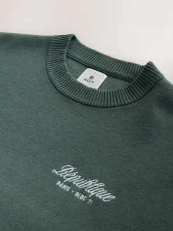 Sage Green N.Premium Relaxed Fit Mid Weight Floral Graphic Crew Neck Jumper