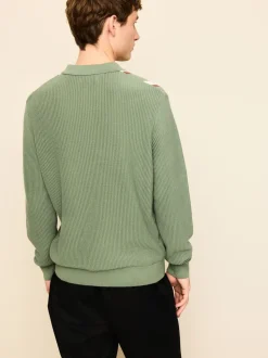 Sage Green Regular Fit Long Sleeve Stripe Zip Neck Knit Polo Shirt