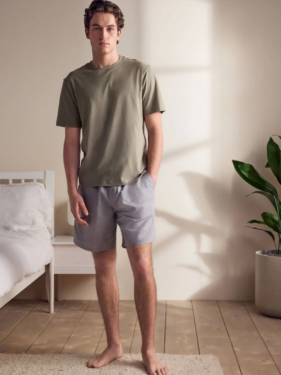 Sage Green/Grey Linen Blend Pyjamas Shorts Set