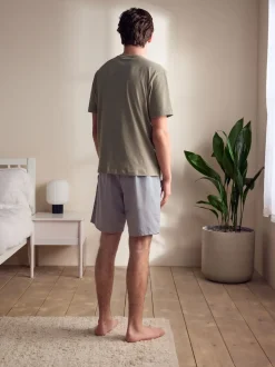 Sage Green/Grey Linen Blend Pyjamas Shorts Set