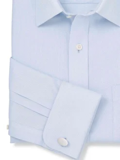 Savile Row Company Blue Classic Fit Cotton Dobby Non-Iron Double Cuff Formal Shirt