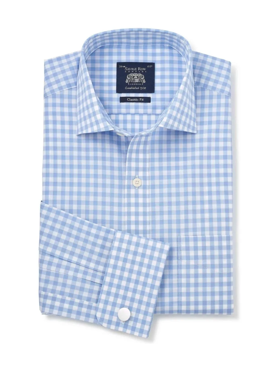 Savile Row Company Blue Classic Fit Gingham Check Cotton Double Cuff Formal Shirt