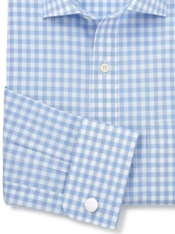 Savile Row Company Blue Classic Fit Gingham Check Cotton Double Cuff Formal Shirt