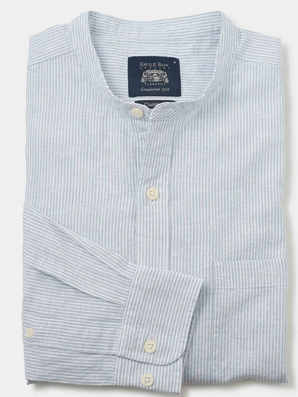 Savile Row Company Blue Classic Fit Stripe Linen Grandad Collar Casual Shirt