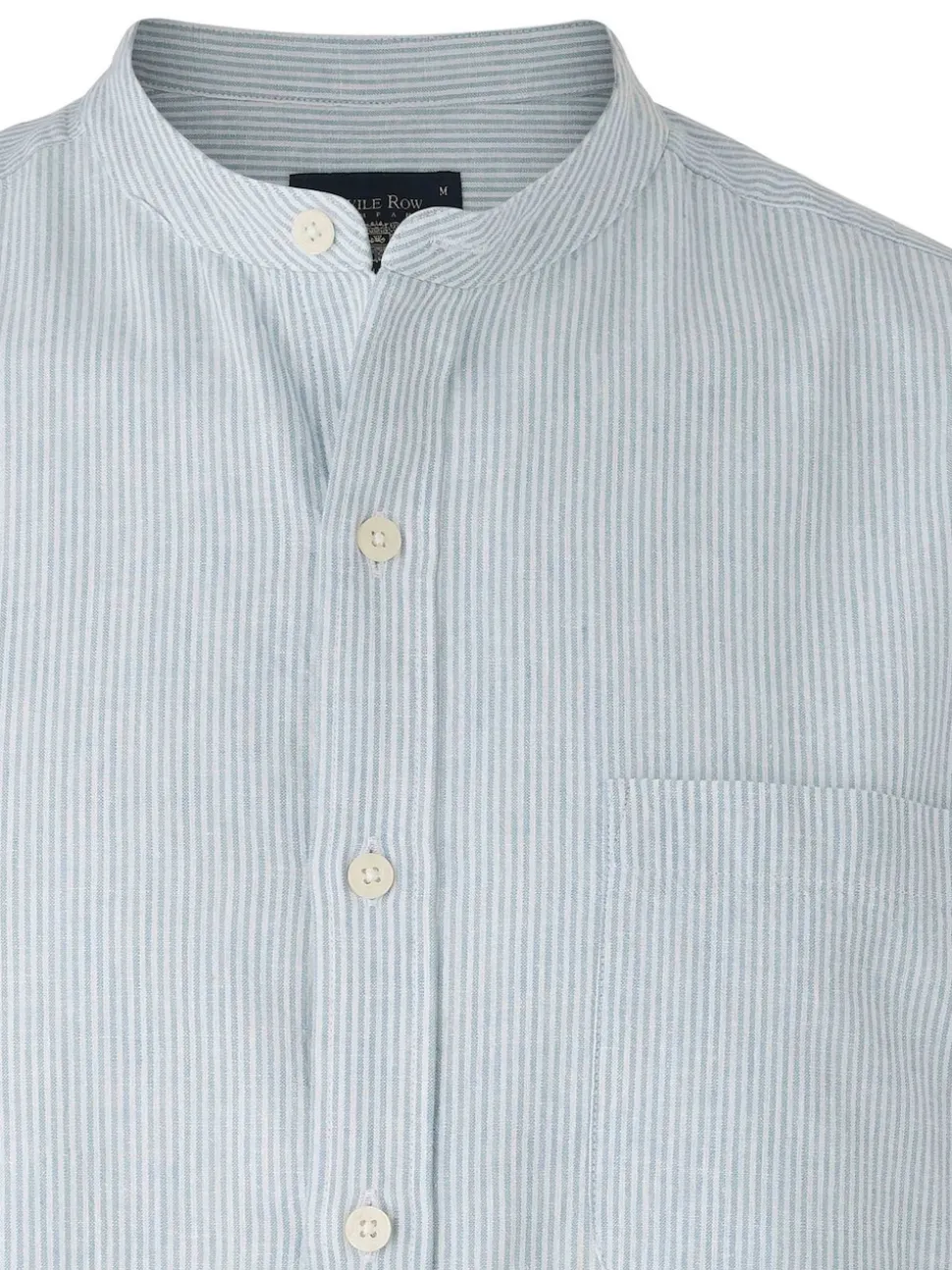 Savile Row Company Blue Classic Fit Stripe Linen Grandad Collar Casual Shirt