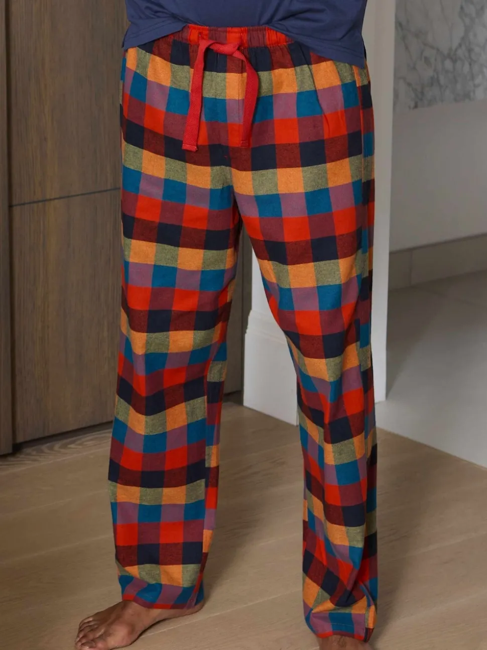 Savile Row Company Blue Checked Cotton Pyjama Bottoms & Long Sleeve T-Shirt Pyjama Set