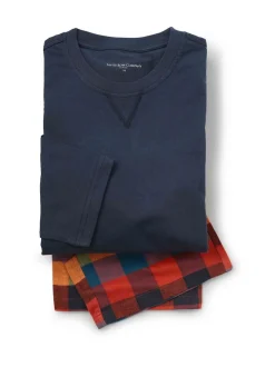 Savile Row Company Blue Checked Cotton Pyjama Bottoms & Long Sleeve T-Shirt Pyjama Set