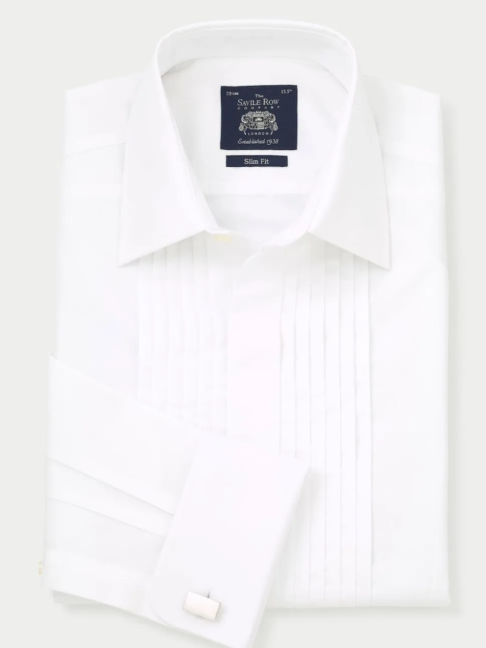 Savile Row Company White Slim Fit Cotton Poplin Pleated Double Cuff Tuxedo Shirt