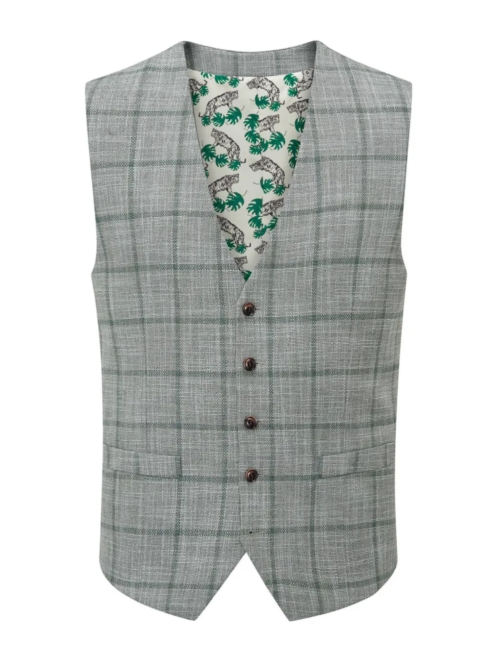 Skopes Green Tailored Fit Single Valetta Breasted Check Waistcoat