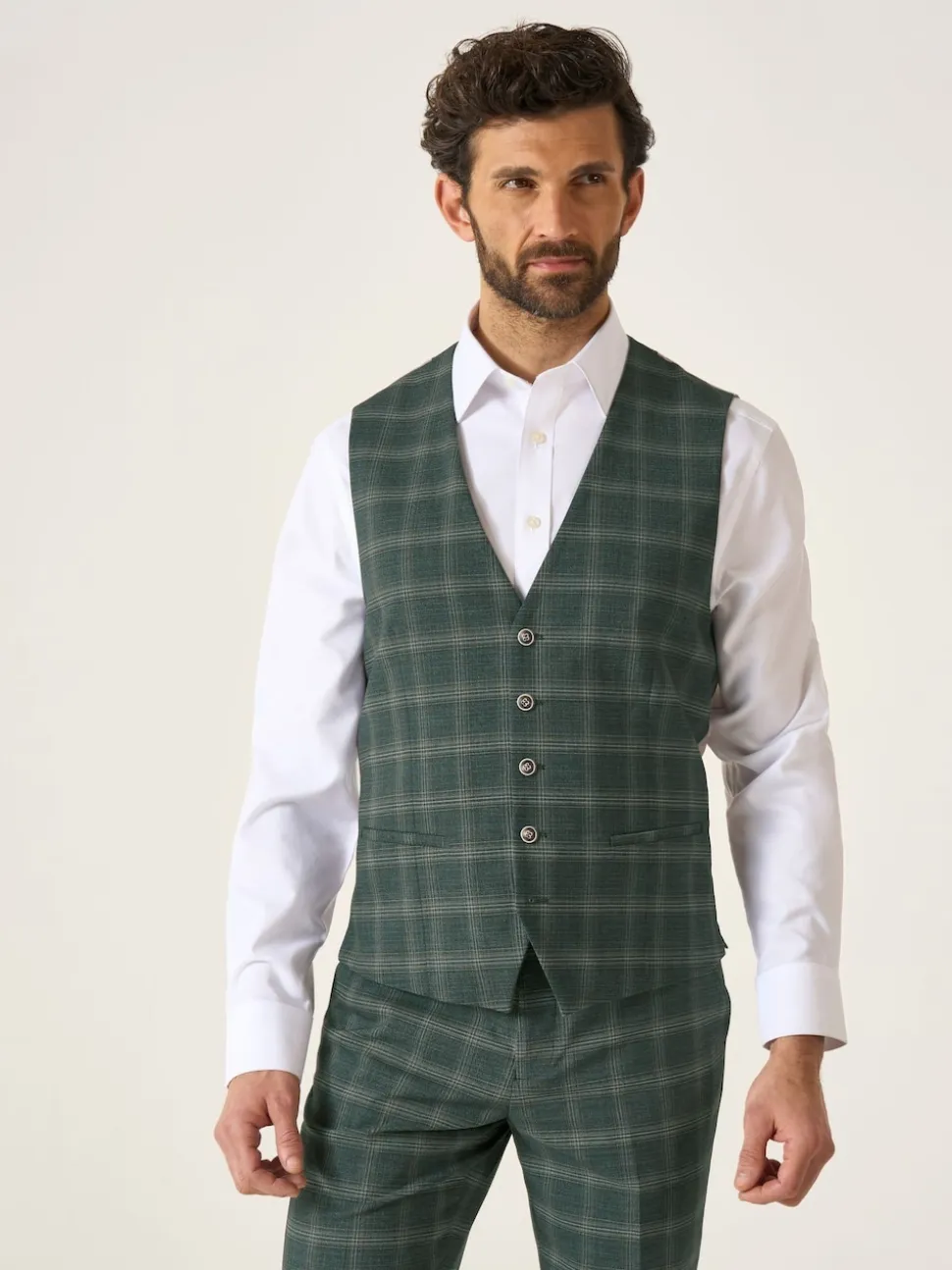 Skopes Green Tailored Fit Parker Single Breasted Check Suit Waistcoat