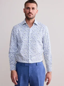 Sky Blue Slim Fit Signature 100% Cotton Floral Print Long Sleeve Shirt