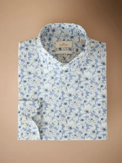 Sky Blue Slim Fit Signature 100% Cotton Floral Print Long Sleeve Shirt