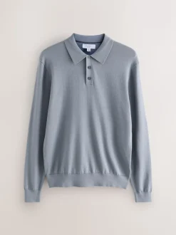 Slate Blue Slim Fit Cotton Rich Long Sleeve Knitted Polo Shirt