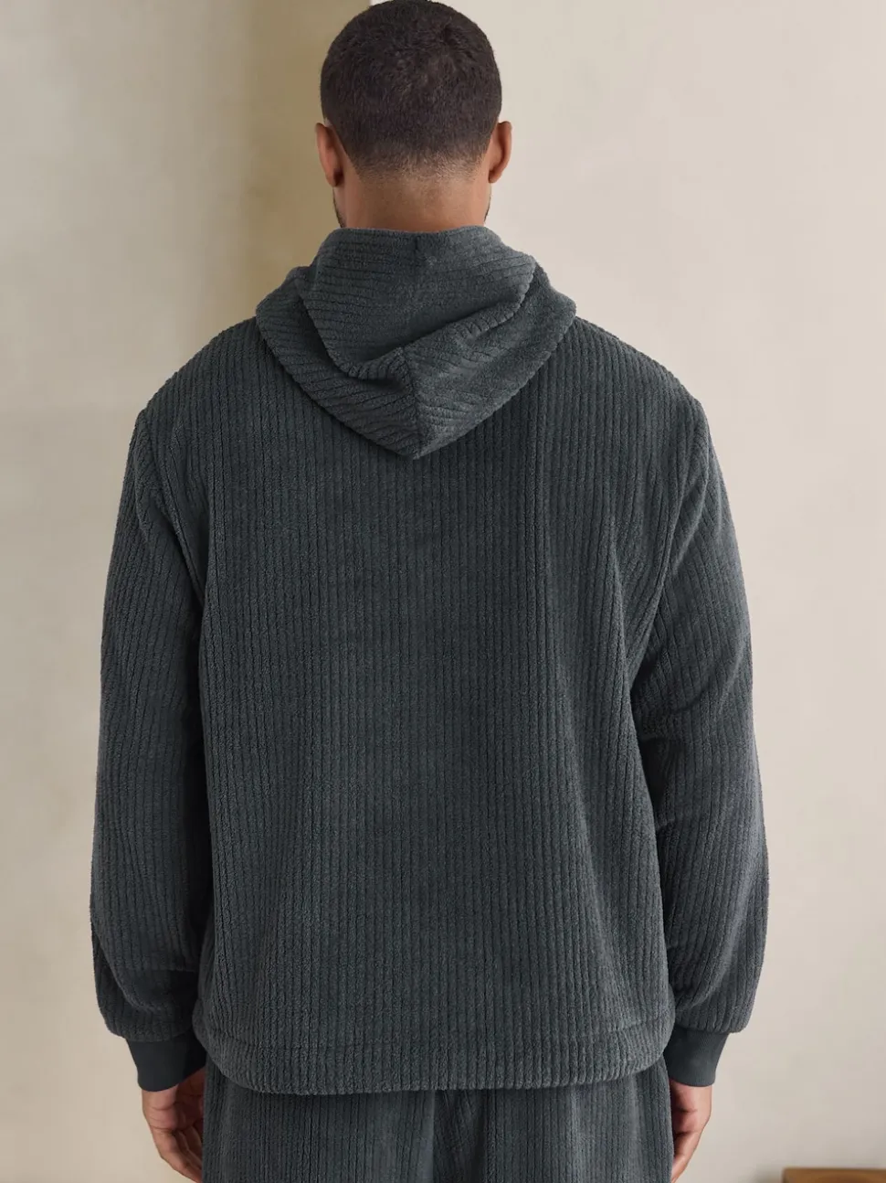 Slate Grey Borg Fleece Ribbed Texture Hoodie