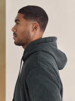 Slate Grey Borg Fleece Ribbed Texture Hoodie
