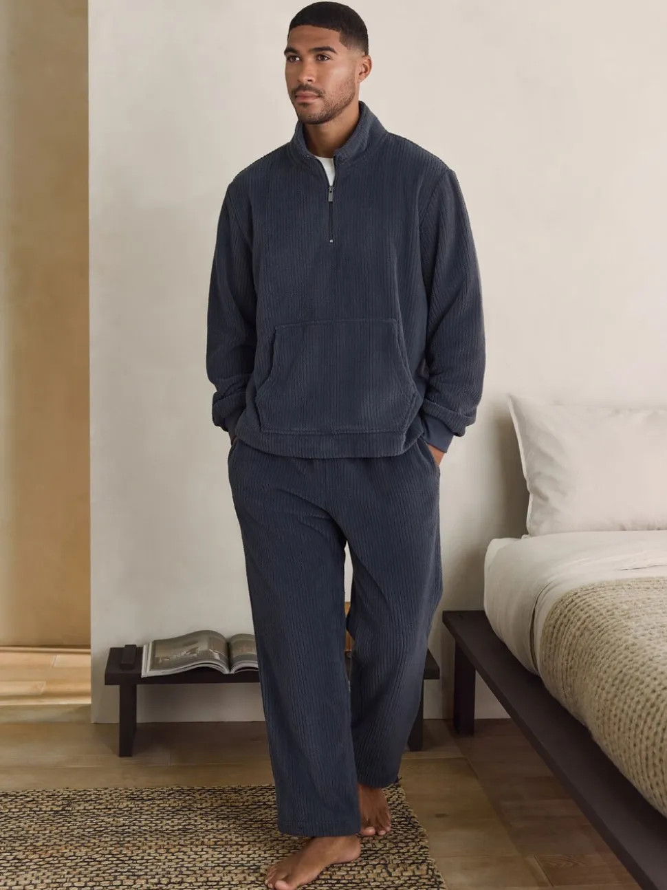 Slate Grey Borg Fleece Rib Textured Quarter Zip Hoodie
