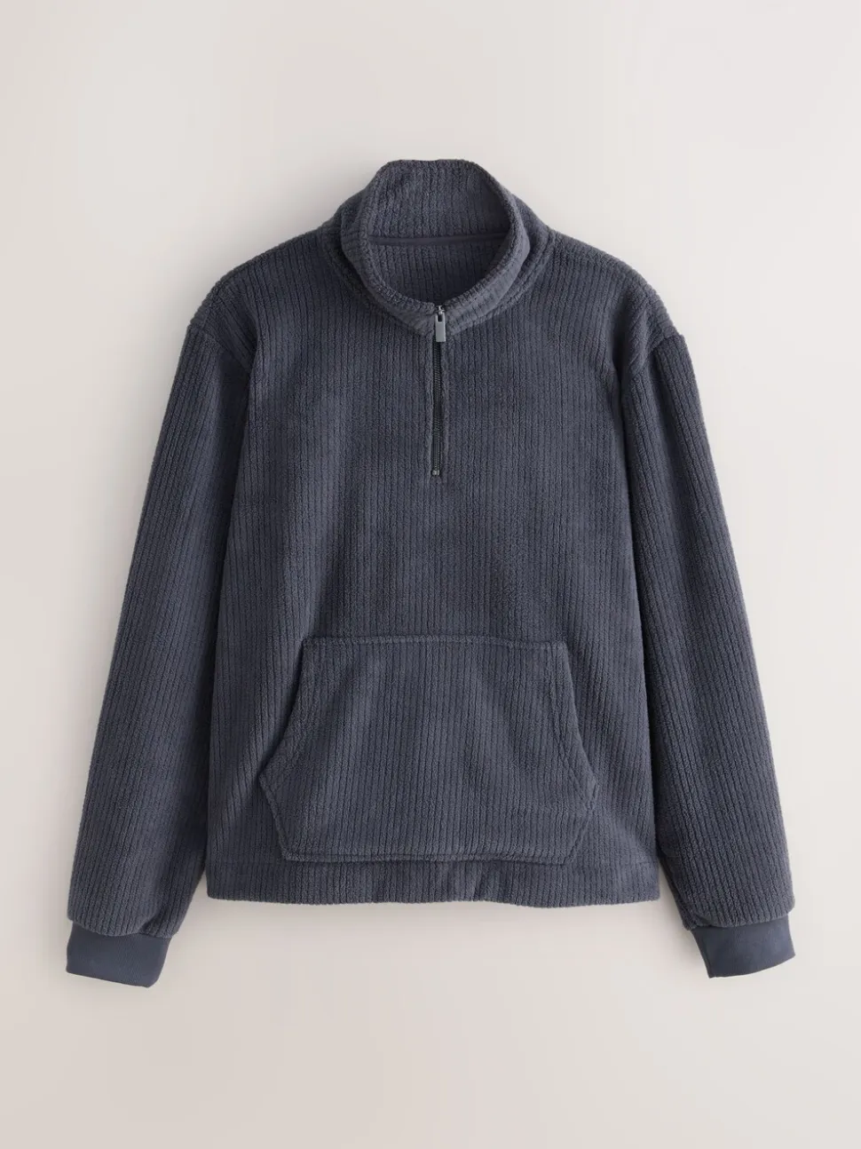 Slate Grey Borg Fleece Rib Textured Quarter Zip Hoodie
