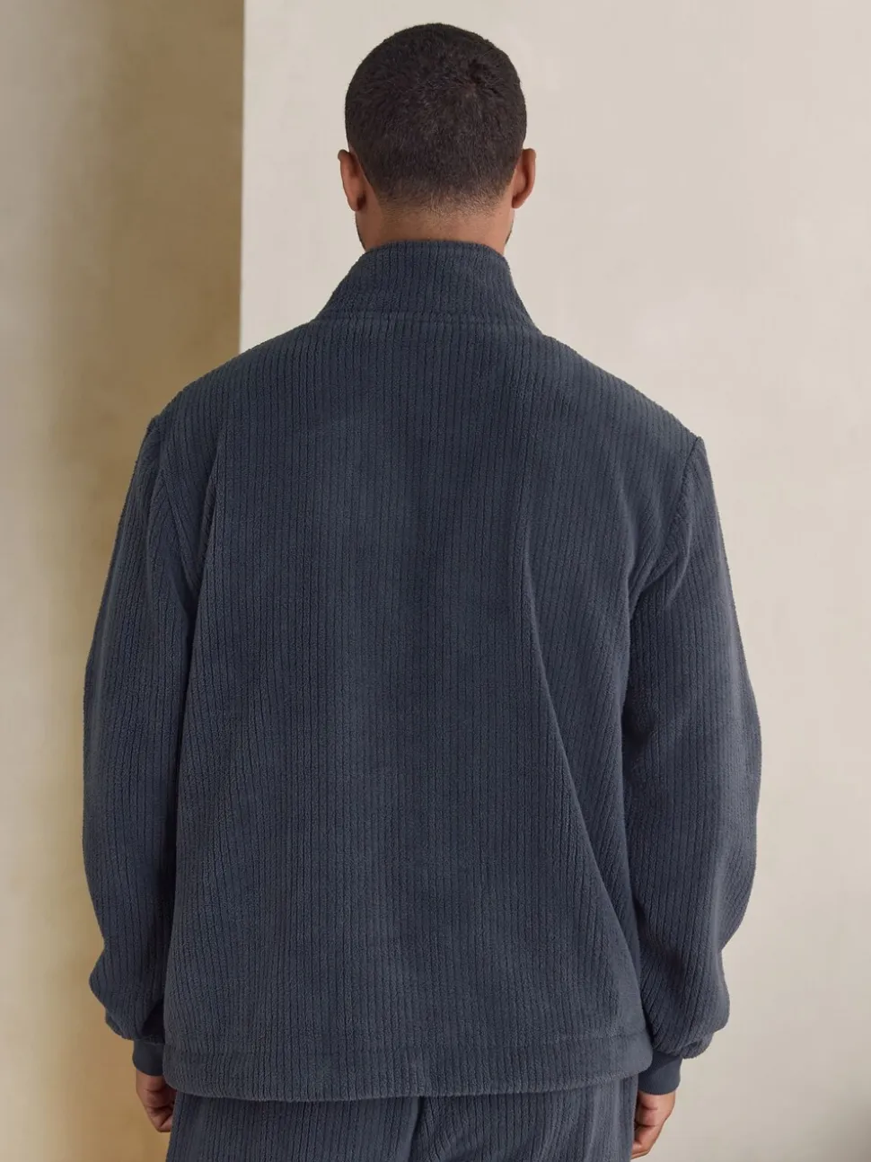 Slate Grey Borg Fleece Rib Textured Quarter Zip Hoodie