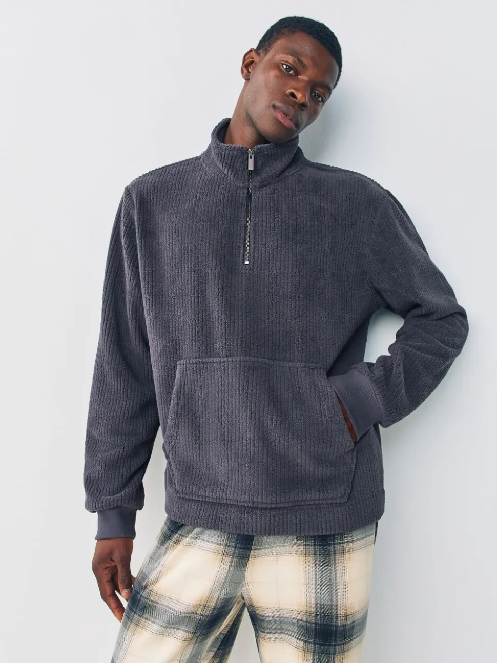 Slate Grey Borg Fleece Rib Textured Quarter Zip Hoodie