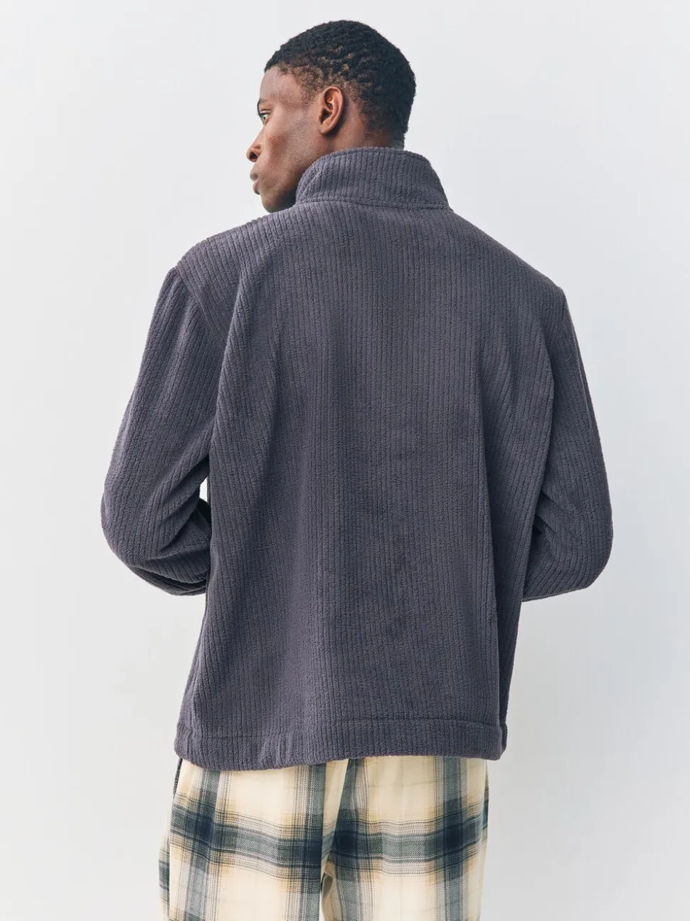 Slate Grey Borg Fleece Rib Textured Quarter Zip Hoodie
