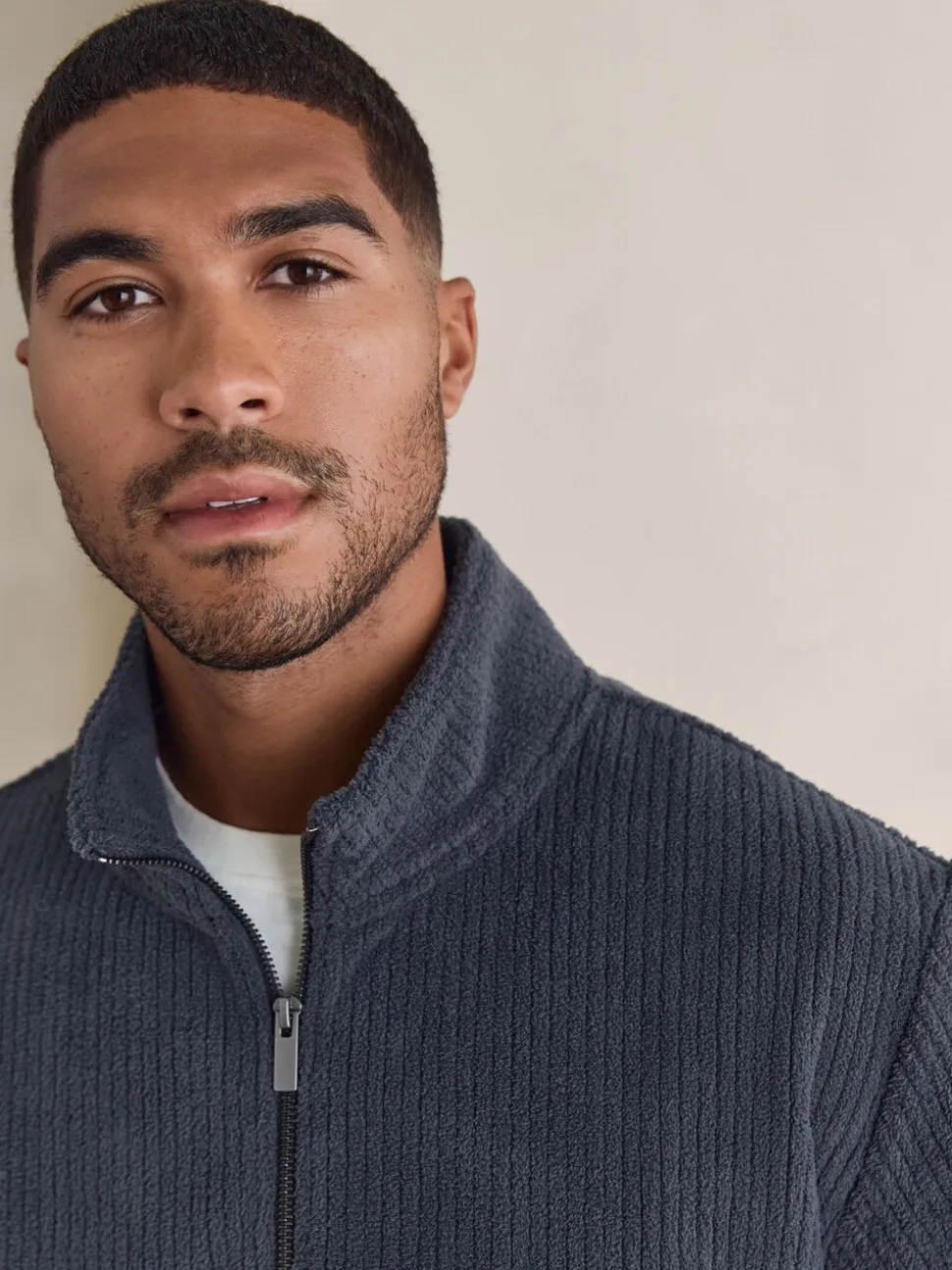 Slate Grey Borg Fleece Rib Textured Quarter Zip Hoodie