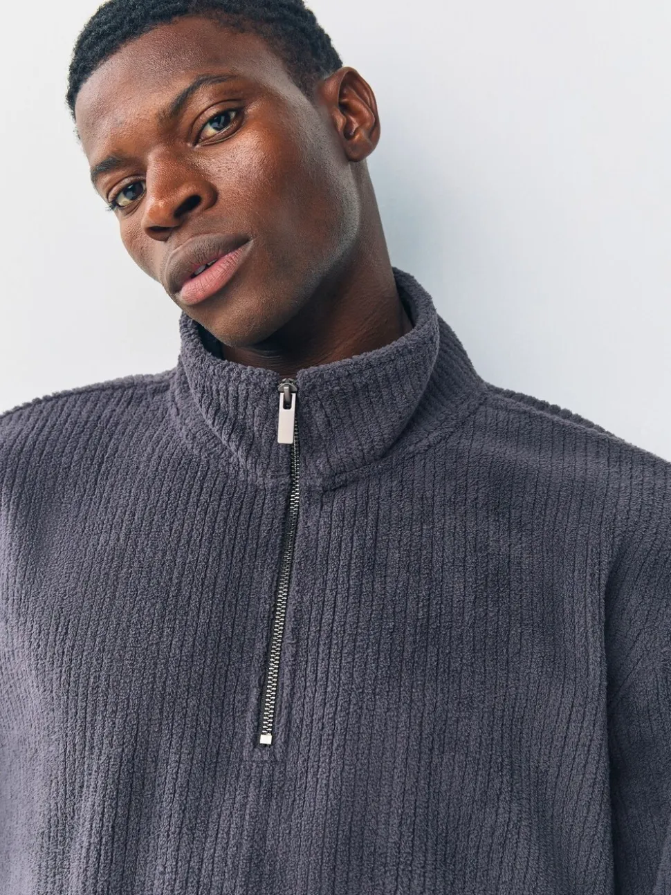 Slate Grey Borg Fleece Rib Textured Quarter Zip Hoodie