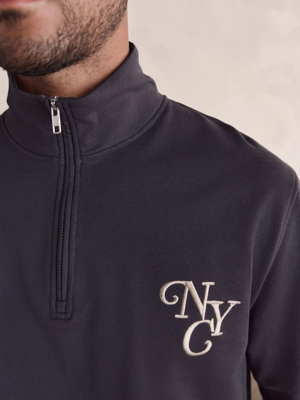 Slate Grey Long Sleeve Embroidered Quarter Zip Pyjamas Set