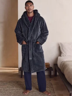 Slate Grey Textured Ribbed Dressing Gown