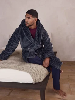 Slate Grey Textured Ribbed Dressing Gown