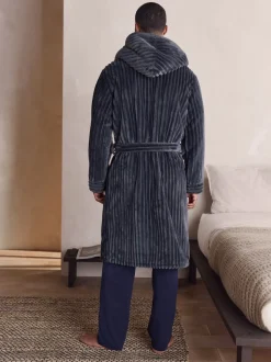 Slate Grey Textured Ribbed Dressing Gown