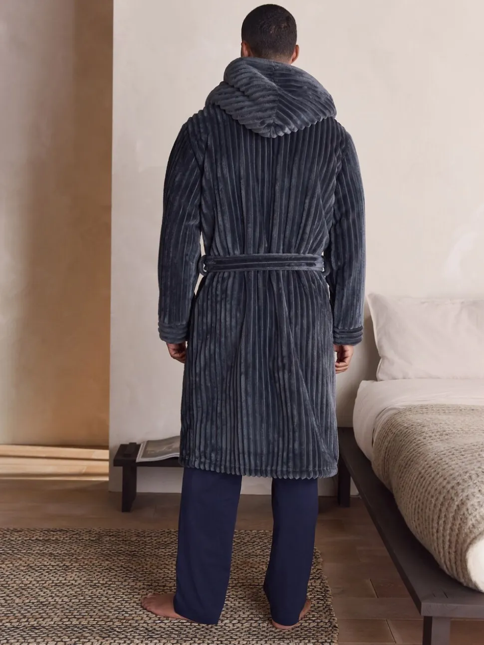 Slate Grey Textured Ribbed Dressing Gown