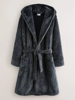 Slate Grey Textured Ribbed Dressing Gown