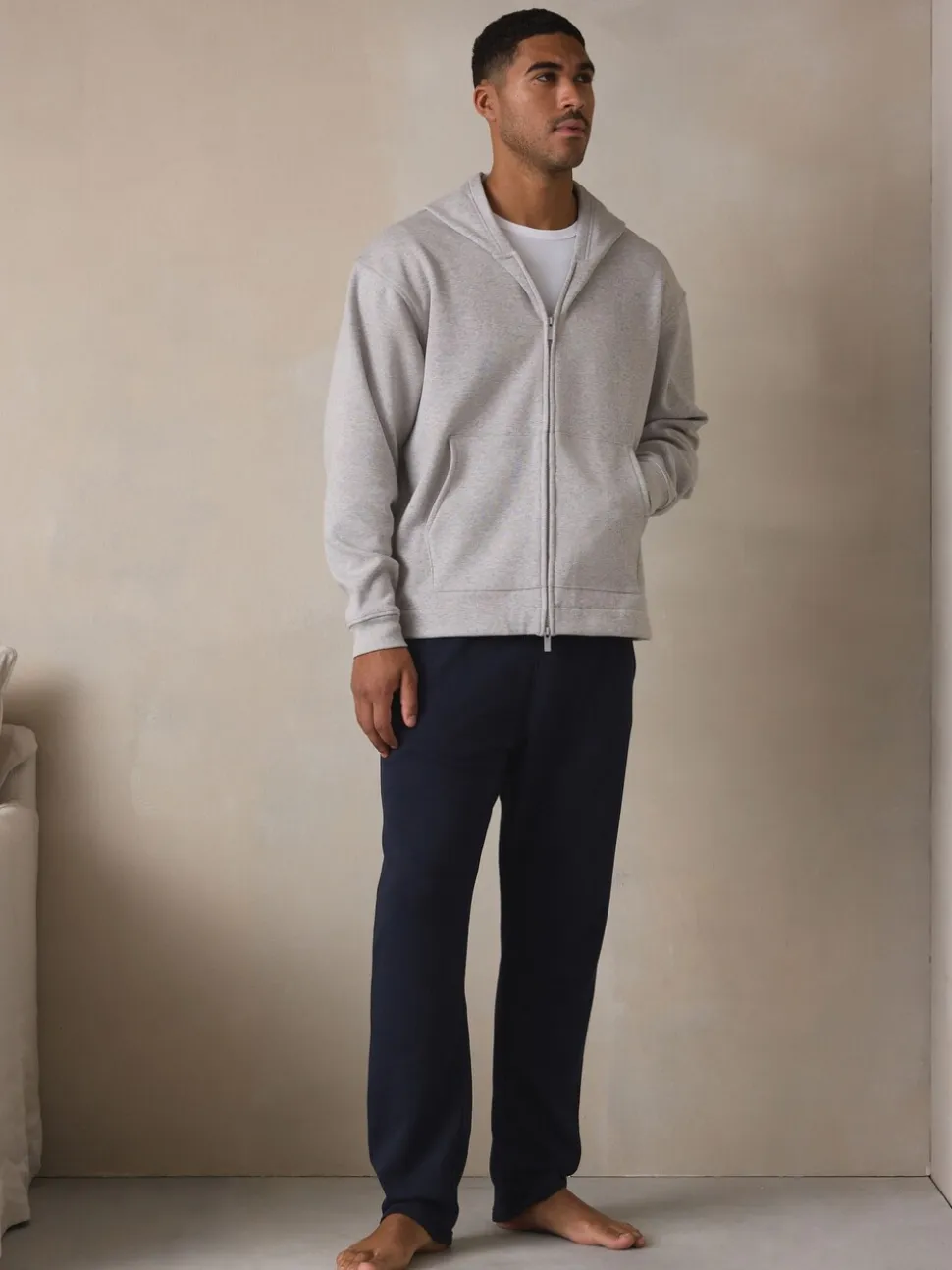 Slate Grey Velour Lined Zip Through Hoodie