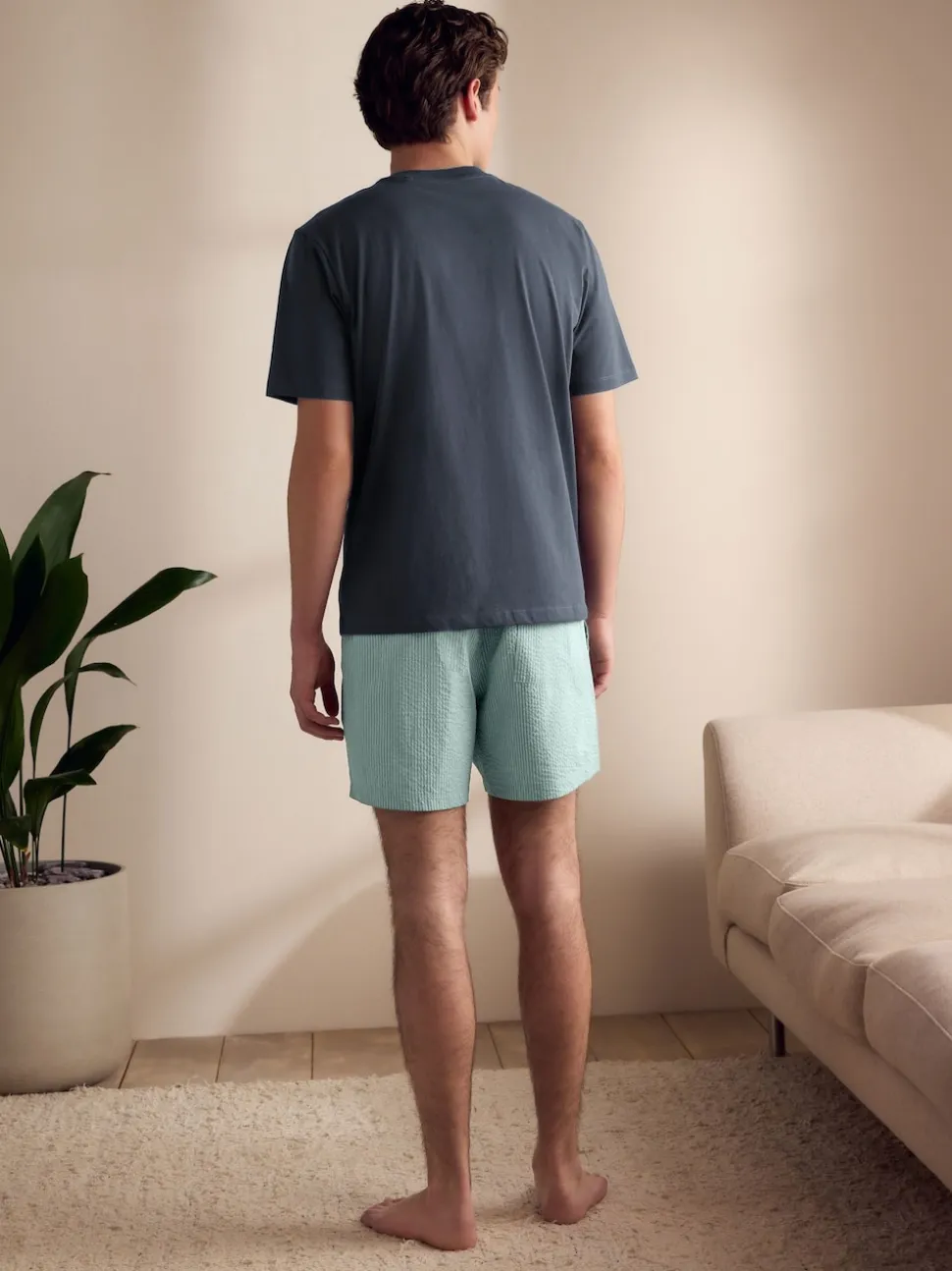 Slate Grey/Green T-Shirt And Striped Seersucker 100% Cotton Pyjamas Set